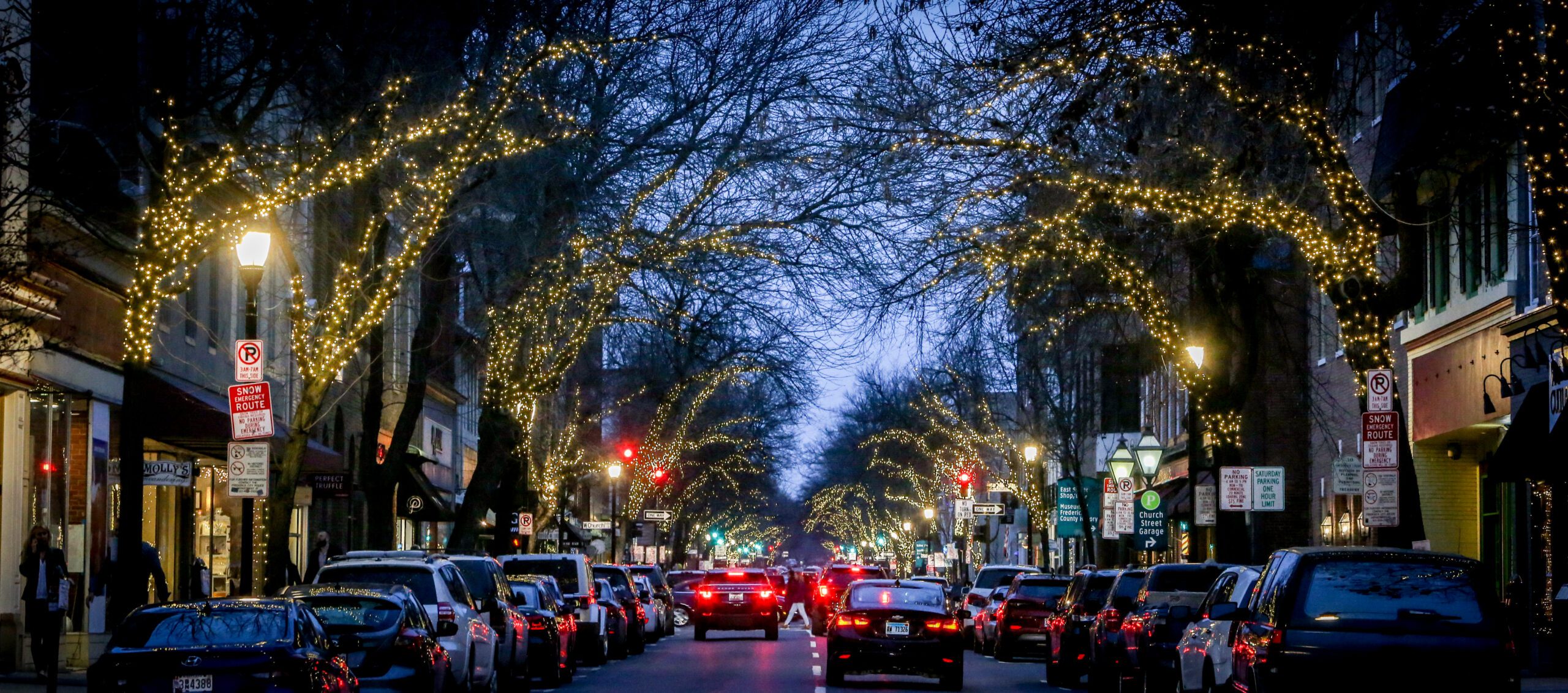 Evening streetscape with twinkling lights in trees